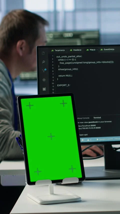 Green screen table in data center in front of IT support specialists Stock Footage 319547813
