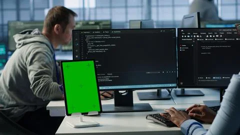 Green screen table in data center in front of IT support specialists Stock Photos
