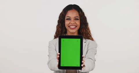 Green screen, tablet and face of woman in studio with social media, news or menu Vidéo 250146649