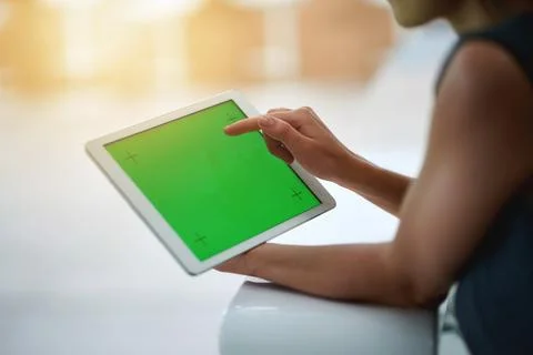 Green screen, tablet and hands of business woman in office for app mockup, space Stock Photos
