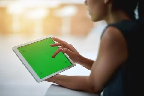 Green screen, tablet and hands of woman in office for app mockup, space and Stock Photos