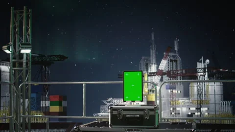 Green screen tablet app evaluates energy security risks on petroleum rig Stock Footage 336195337