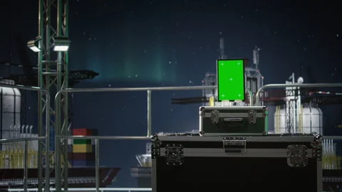 Green screen tablet app, evaluating energy security risks and petroleum rig Stock Footage 336195456