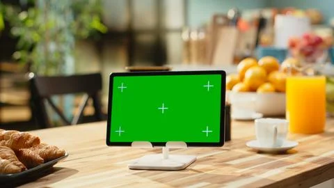 Green screen tablet, cozy kitchen interior, empty breakfast table with food Stock Photos