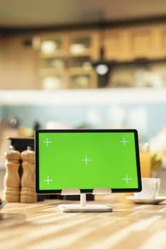 Green screen tablet, cozy kitchen interior, empty breakfast table with food Stock Photos