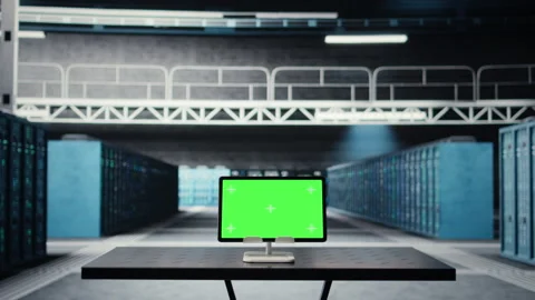 Green screen tablet in data center used for doing maintenance on infrastructure Stock Footage 317123128