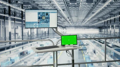 Green screen tablet in empty microchips plant monitoring fabrication data Stock Footage 333379217