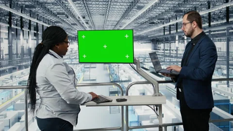 Green screen tablet in empty microchips plant monitoring fabrication data Stock Footage 333381403