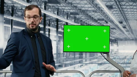Green screen tablet in empty microchips plant monitoring fabrication data Stock Footage 333387058