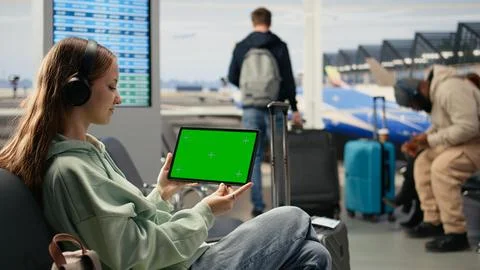 Green screen tablet held by digital nomad girl using airport internet Stockfoto's