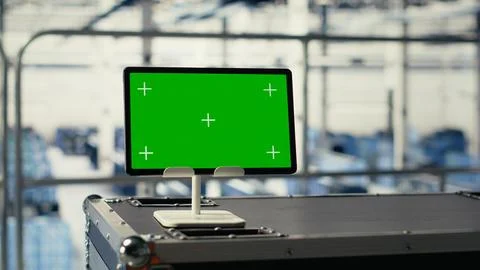 Green screen tablet in high tech data center with blockchain machines Stock Photos