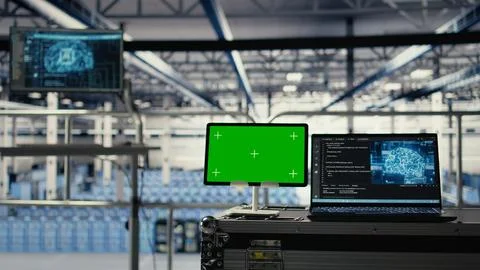 Green screen tablet in high tech data center with blockchain machines Stock Photos