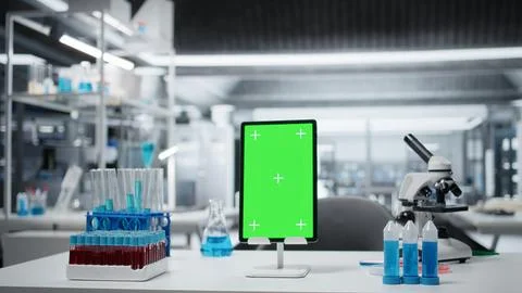 Green screen tablet on laboratory workbench, close up Stock Photos