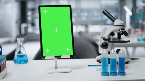 Green screen tablet on laboratory workbench, close up Stockfoto's