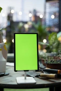 Green screen tablet mockup on stand among plants in rooftop garden Stock Photos