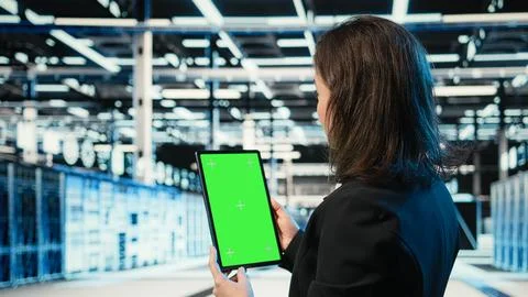 Green screen tablet, optimizing servers and admin in data center Foto stock