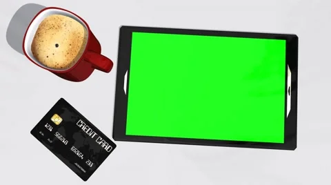 Green screen tablet PC credit card and cup of coffee Video stock 45925393