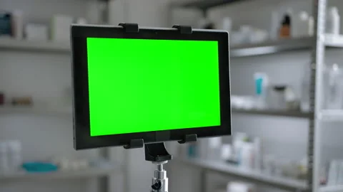 Green screen tablet PC indoor of pharmacy store ready for tracking Stock Footage 142411589