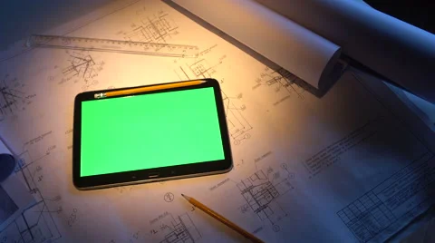 Green screen. tablet PC lays on the drawing. Stock Footage 58799166