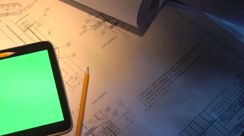 Green screen. tablet PC lays on the drawing. Stockbeeldmateriaal 58799305