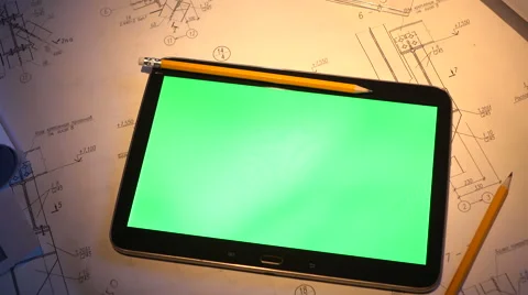 Green screen. tablet PC lays on the drawing. 스톡 동영상 58799313