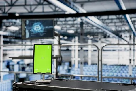 Green screen tablet in server farm with neural networks tech Stock Photos