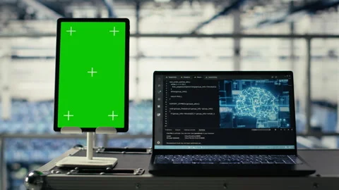 Green screen tablet in server room with machine learning technology Stock Footage 314684993