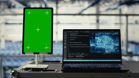 Green screen tablet in server room with machine learning technology Stock Photos