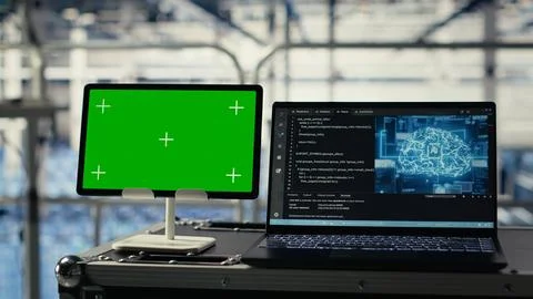 Green screen tablet in server room with equipment rigs supporting AI 库存照片