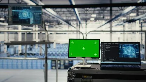 Green screen tablet in server room with equipment rigs supporting AI Stock Photos