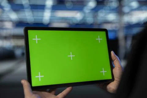Green screen tablet, supercomputers configuration and technician in data center Stock Photos