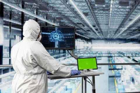 Green screen tablet used by engineer in AI semiconductor factory 写真素材