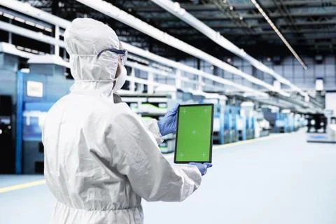 Green screen tablet used by microchip designer in hardware factory 写真素材