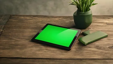 Green Screen Tablet on Wooden Table with Plant Stock Footage 284361676