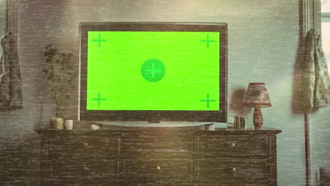 Green screen television displaying tracking markers in cozy living room 스톡 동영상 306262724