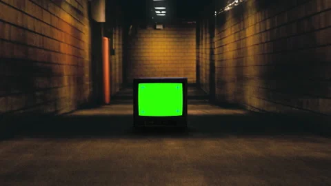 Green Screen Television Inside Dark Tunnel Zoom In Vintage TV Stock-Footage 157759781