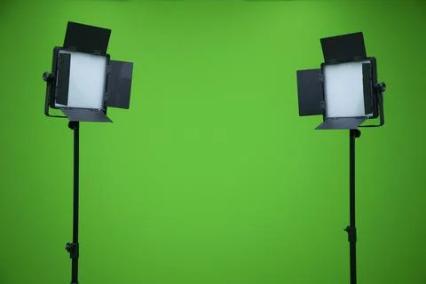 Green screen television studio with two fill lights. Lights are turn off in c Stock-Illustration
