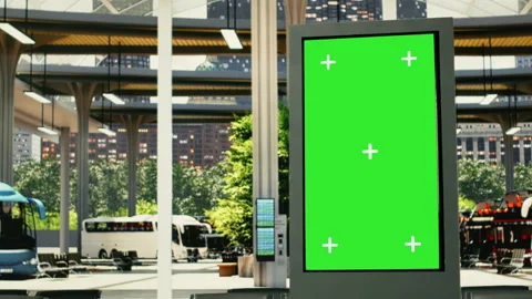Green screen on TV board in empty bus stop terminal in the city Stock Footage 334728296