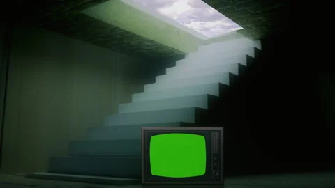 Green Screen TV Celestial Stairway Sky Clouds Vintage Television Tracking Shot Stock Footage 274646304