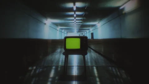 Green Screen TV Corridor Building Interior Retro Television Tracking Shot Video stock 274649688