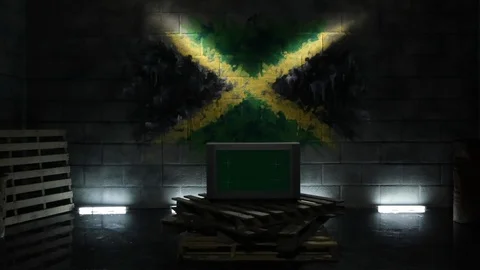 Green Screen TV in a dark studio with brick wall on wooden pallets and bright Stock Footage 110770140