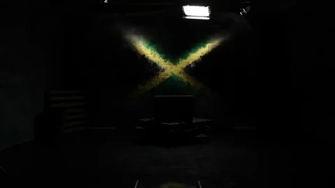 Green Screen TV in dark studio with brick wall on wooden pallets and bright neon Stock Footage 110770146