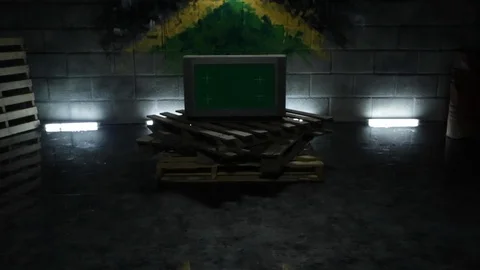 Green Screen TV in dark studio on wooden pallets and bright neon lights. Stock Footage 110770168