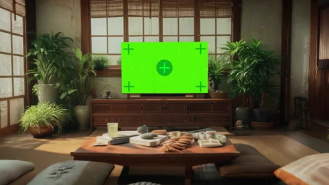 Green screen TV displaying tracking markers in cozy Japanese living room Stock Footage 314202984