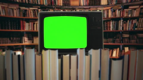 Green Screen TV Inside Library, Vintage Television Behind Books Stock Footage 156619058