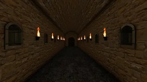 Green screen video animation through the castle hallway with firelight on ei Stock Footage 280107960