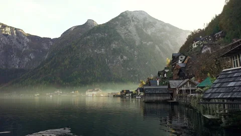For Green Screen. View of famous Hallstatt mountain village in the Austrian Alps Stock Footage 180421861