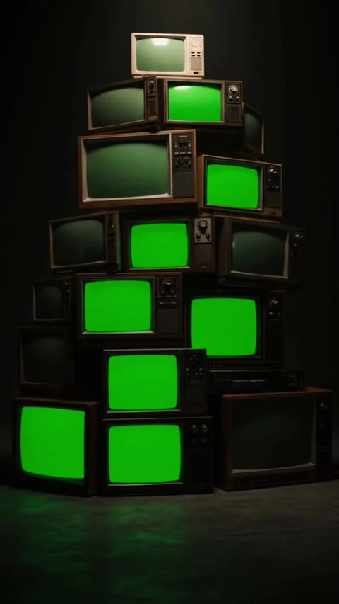 Green Screen Vintage TVs Stack Under Dramatic Lighting Stock Footage 313114643