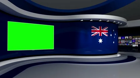 Green screen. Virtual studio. TV studio. Australia. Australian flag. News studio Stock Footage 151302690