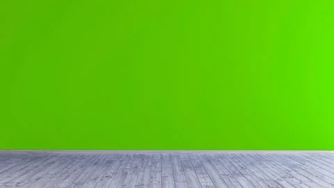 Green screen wall mockup 3d rendering with wooden floor in an empty room. Illustrazione stock